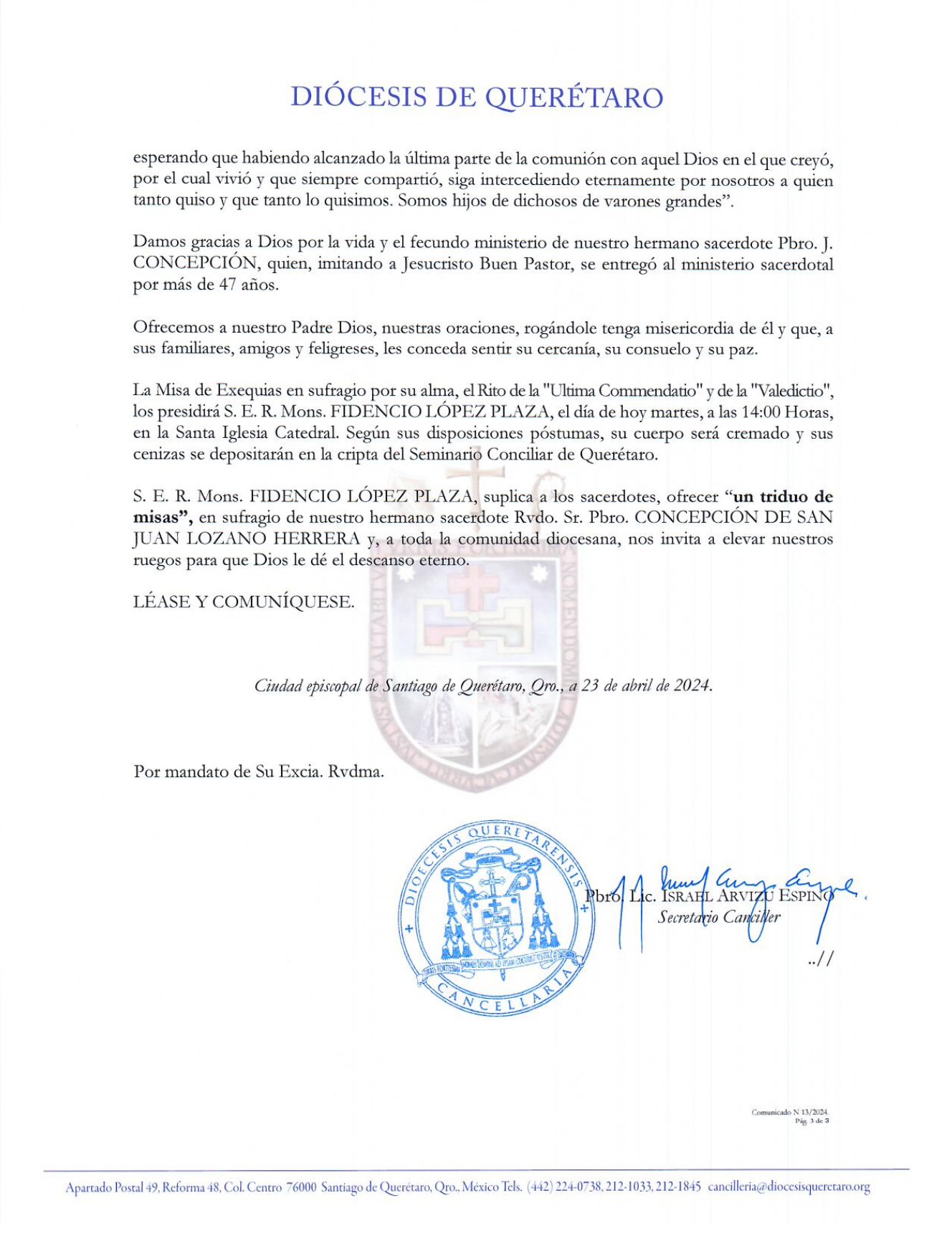 Comunicado N. 13/2024. Asunto: Sobre el sensible fallecimiento del Rudo. Sr. Phro. D. J. CONCEPCIÓN DE SAN JUAN LOZANO HERRERA. 3